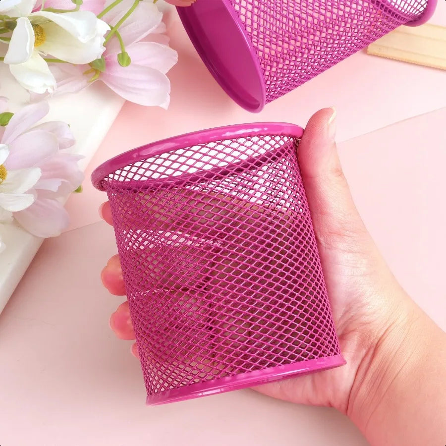 Wire Mesh Pencil & Pen Holder Cup – Pink Metal Desk Organizer for Office & Study