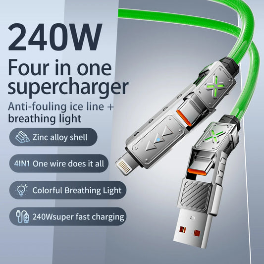 240W 4-in-1 Super Fast Charging Data Cable – USB-C to Type-C Zinc Alloy Multi-Port Cable for iPhone, Samsung & Xiaomi