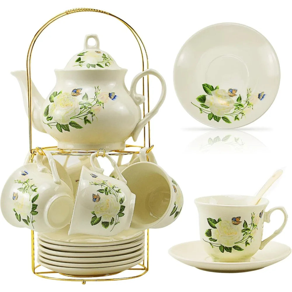 20-Piece Luxury Bone China Tea & Coffee Set with Gold Metal Rack – Elegant Gift & Home Party Ensemble