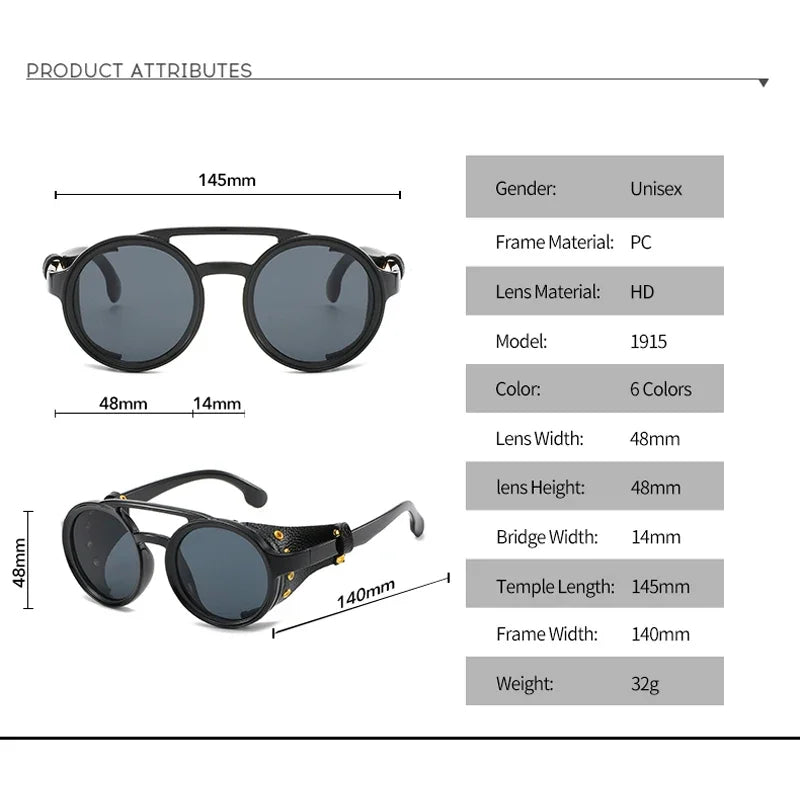 Steampunk Shield Sunglasses – Classic Round Retro Shades with Side Leather Panels & UV400 Protection (Unisex)