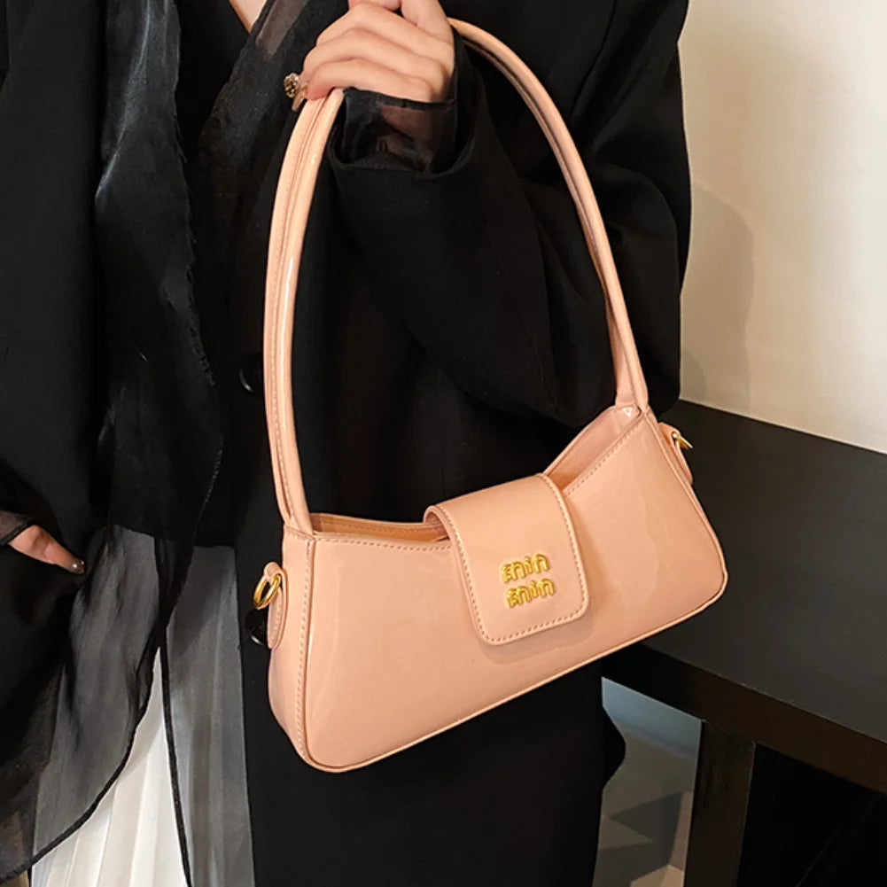 Women’s Patent PU Leather Armpit Handbag – Luxury Gold Buckle Shoulder Bag with Elegant Glossy Finish for Trendy Fashion Looks