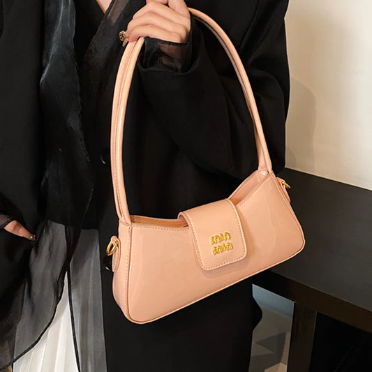 Women’s Patent PU Leather Armpit Handbag – Luxury Gold Buckle Shoulder Bag with Elegant Glossy Finish for Trendy Fashion Looks