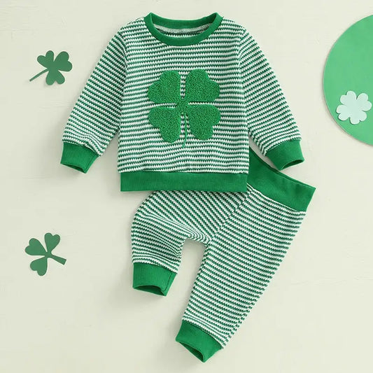 Toddler & Baby Boys Shamrock Embroidery Sweatshirt & Stripes Pants Set – Spring St. Patrick’s Day Outfit