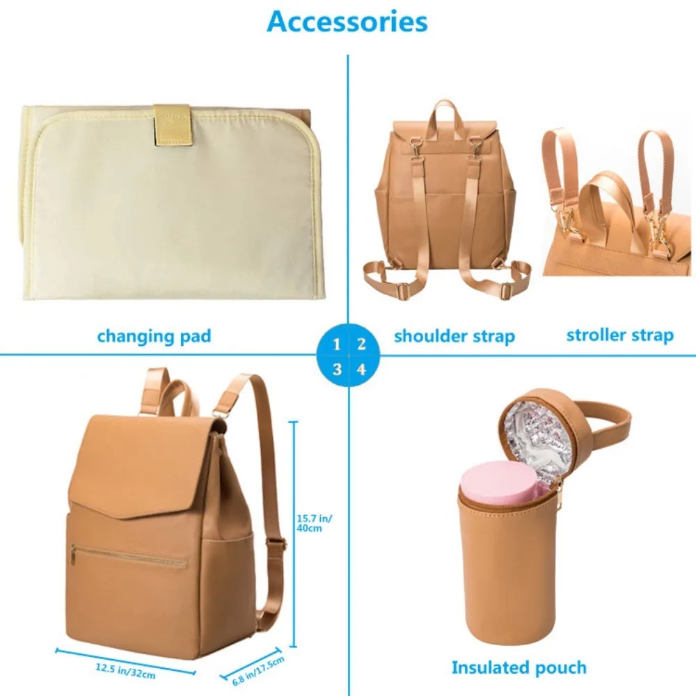 PU Leather Baby Diaper Bag Backpack – Large Capacity Mommy Bag with Changing Pad & Stroller Straps | Waterproof Nappy Organizer