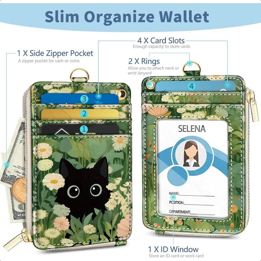 Floral Cat Lanyard Wallet – RFID Small Keychain Wristlet with ID Badge Holder & Zippered Card Storage