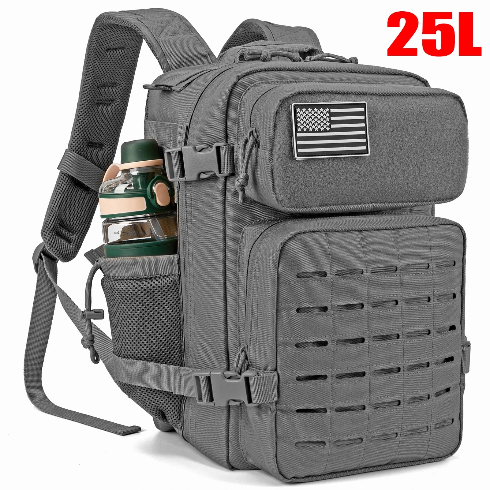 25L Tactical Gym & Survival Backpack – MOLLE Laser-Cut Daypack with Dual Cup Holders for Hiking, Hunting & Bug-Out Use