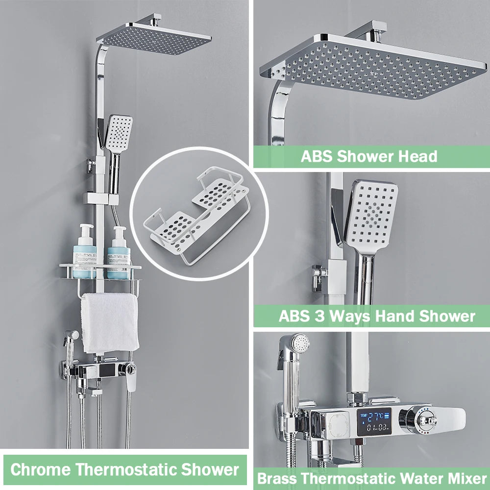 Digital Display Thermostatic Shower Mixer – Matte Black 4-Way Rainfall System with Shelf & Bidet Tap