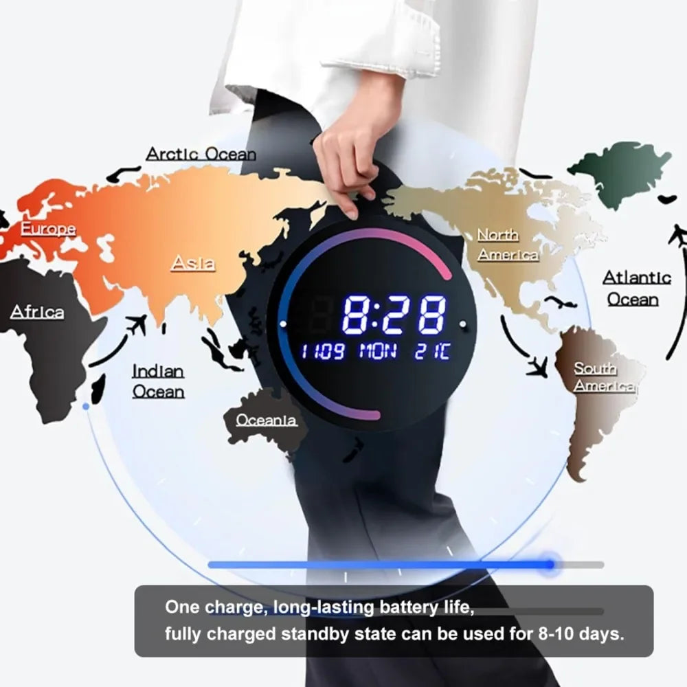 Modern LED Digital World Map Wall Clock – Large Acrylic Decorative Battery-Operated Clock for Living Room