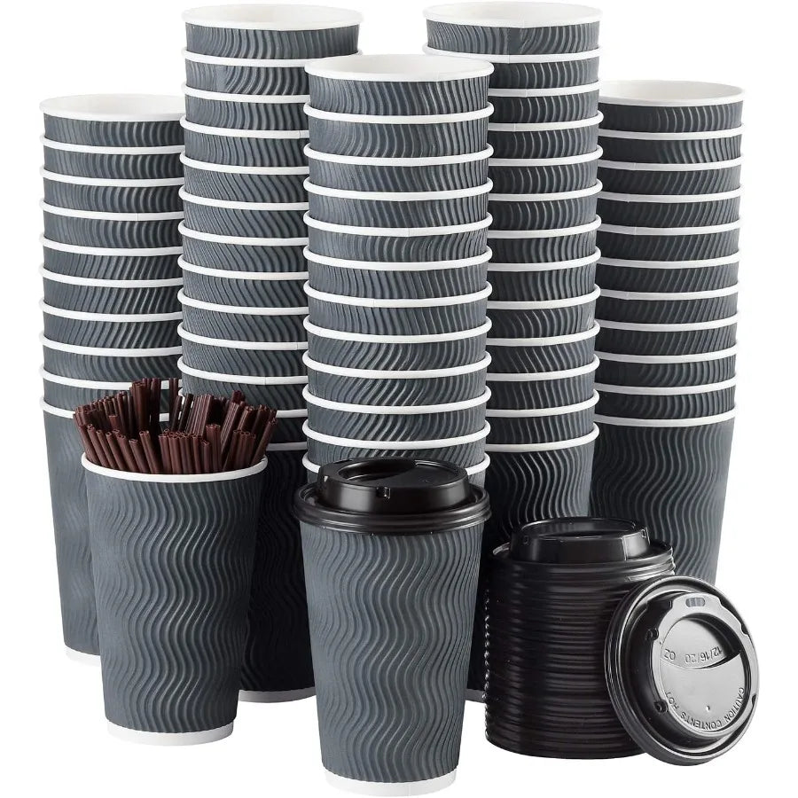 16 oz Disposable Paper Coffee Cups With Lids & Straws – 90-Set To-Go Hot Drink Bundle