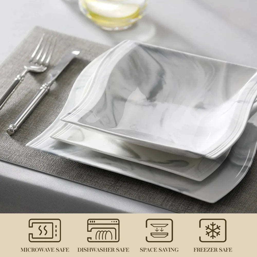 MALACASA Flora 30-Piece Marble-Pattern Porcelain Dinnerware Set – Service for Six
