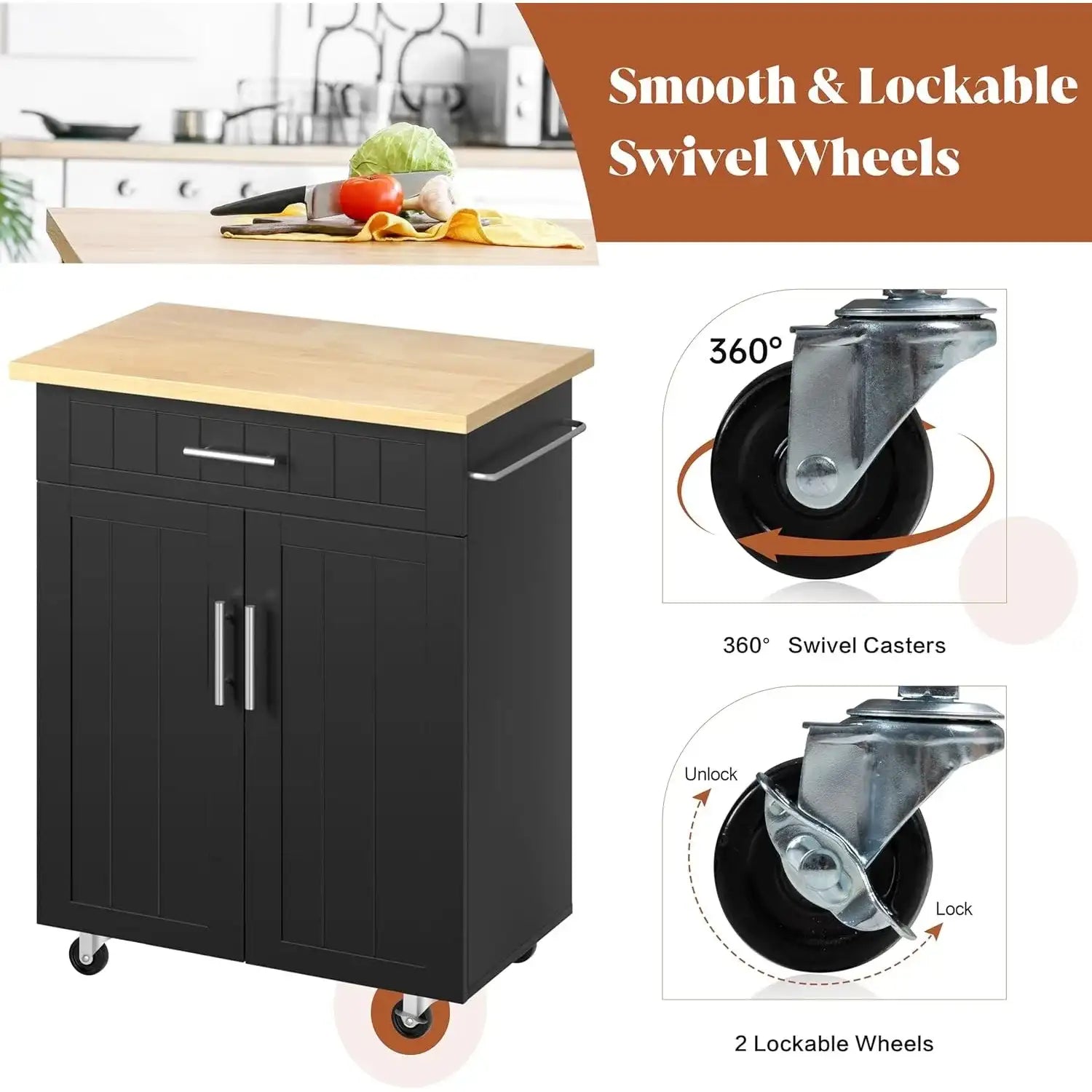 Rolling Kitchen Island on Wheels with Storage Cabinet & Drawer – 26″ Width Kitchen Cart with Handle & Towel Rack
