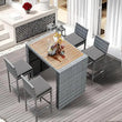 “5-Piece Rattan Patio Bar Set – Outdoor Wicker Furniture with Wood Tabletop & 4 High Stools for Garden, Poolside & Balcony Dining”