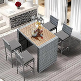 “5-Piece Rattan Patio Bar Set – Outdoor Wicker Furniture with Wood Tabletop & 4 High Stools for Garden, Poolside & Balcony Dining”