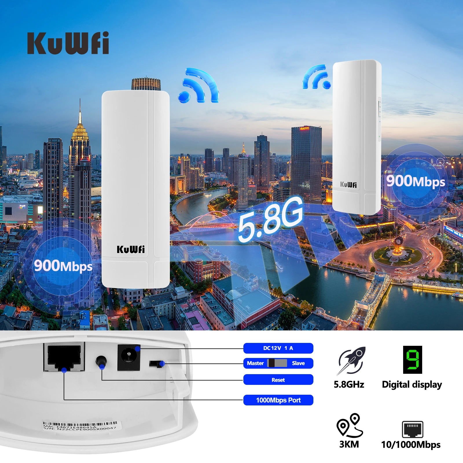 KuWFi Outdoor CPE Bridge – 900 Mbps 5.8 GHz Wi-Fi, 14 dBi Antenna, Gigabit Ethernet, 2–3 km Point-to-Point