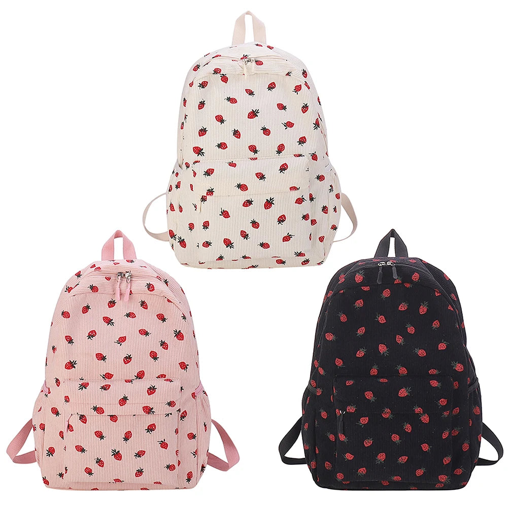 Corduroy Strawberry Graphic Backpack – Casual Large Capacity Travel Daypack