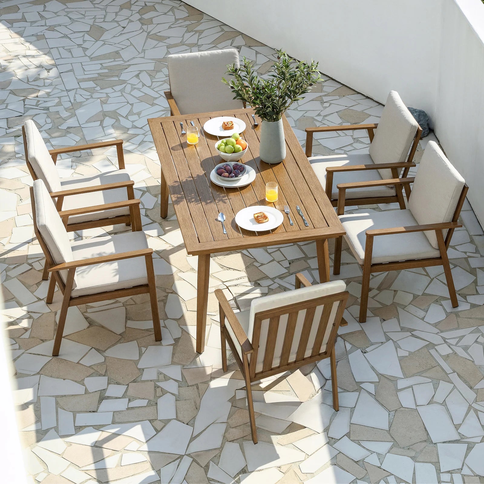 7-Piece Seehill Aluminum Patio Dining Set – Outdoor Table & 6 Chairs with Umbrella Hole, Teak Finish