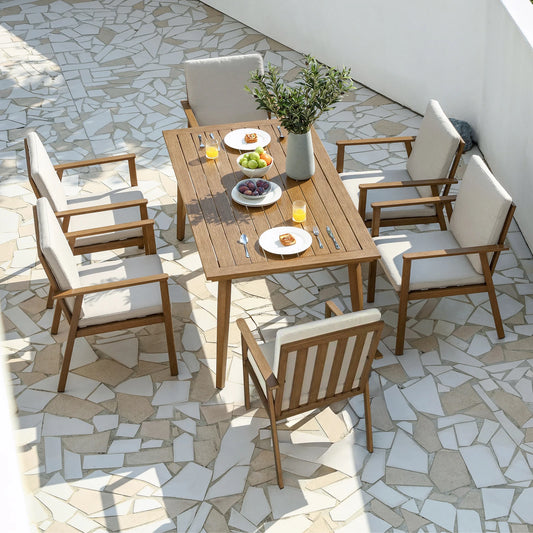 7-Piece Seehill Aluminum Patio Dining Set – Outdoor Table & 6 Chairs with Umbrella Hole, Teak Finish