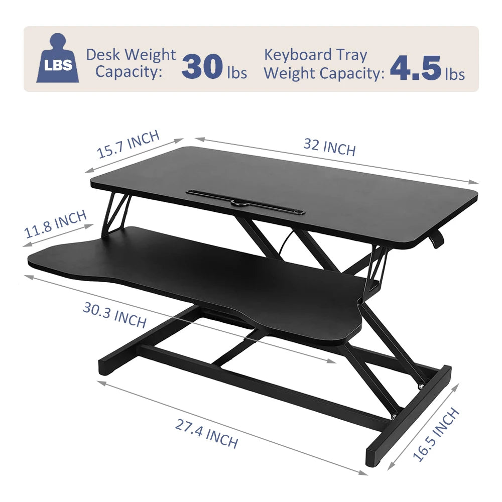 MLG 32-Inch Desk Converter – Height Adjustable Sit-to-Stand Riser with Wide Keyboard Tray for Dual Monitor & Laptop Setup