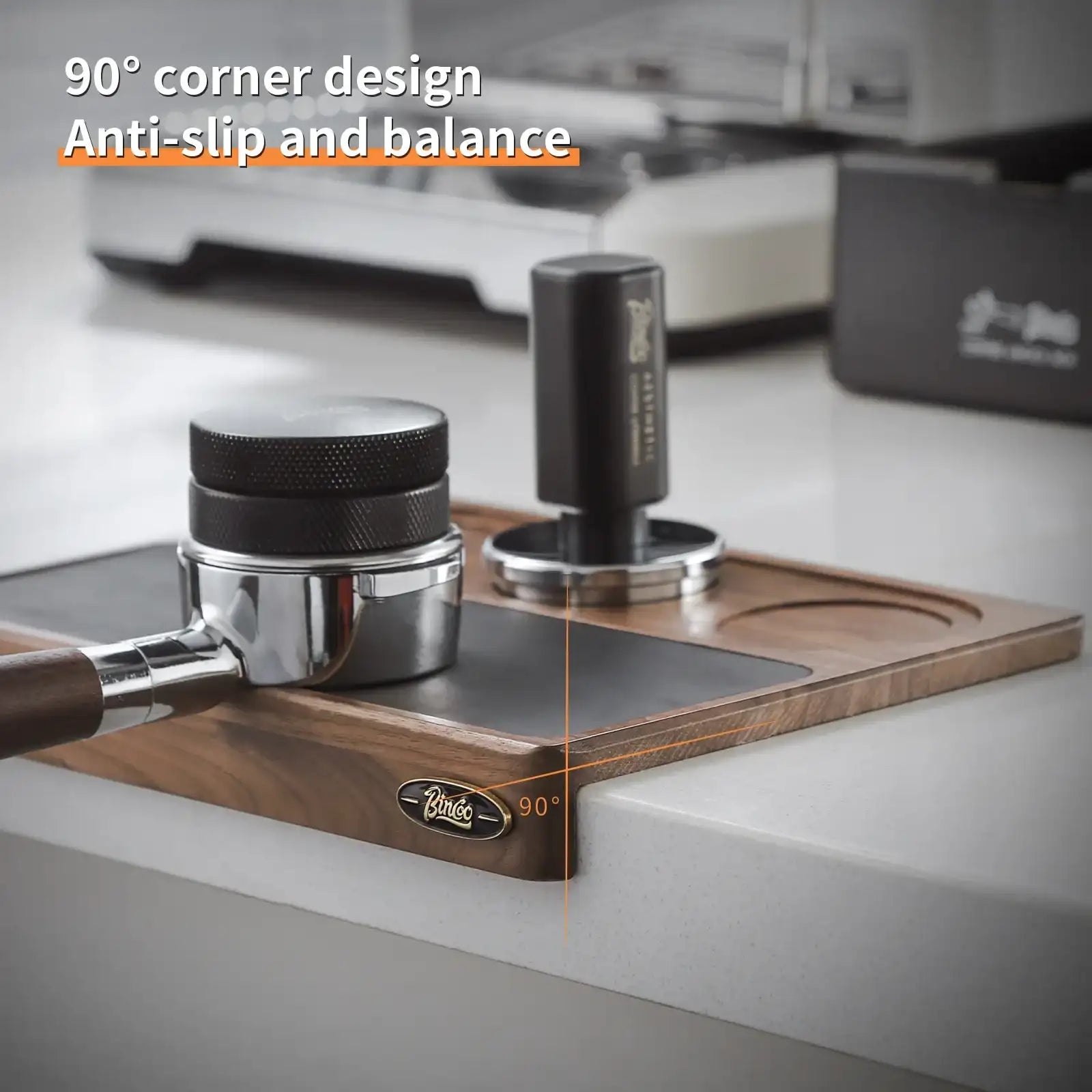 1- Product Title: Wooden Corner Coffee Tamper Mat & Station for 51-58mm Tampers