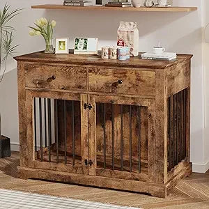 44" Wooden Dog Crate Furniture – Indoor Heavy-Duty Kennel with 2 Storage Drawers for Large Dogs