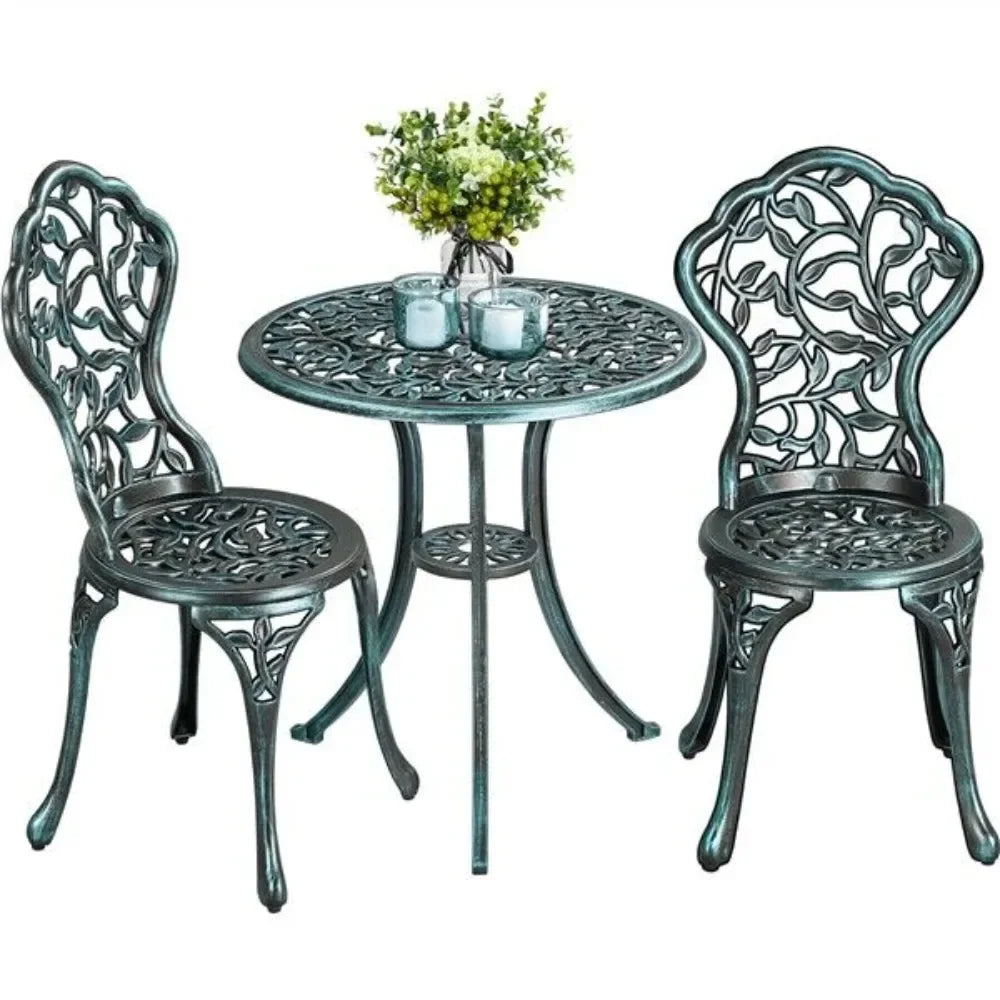 “3-Piece Cast Aluminum Patio Bistro Set – Green Outdoor Garden Table & 2 Chairs for Balcony & Yard”