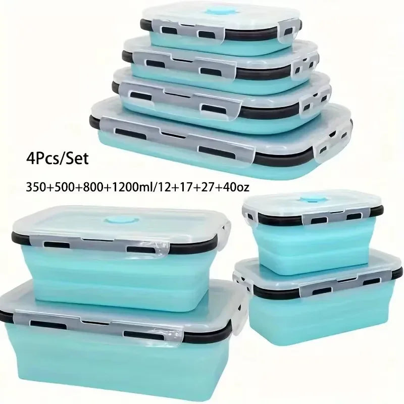 4-Pack Silicone Collapsible Lunch & Food Storage Boxes – Flat Stack Design with Lids, BPA-Free