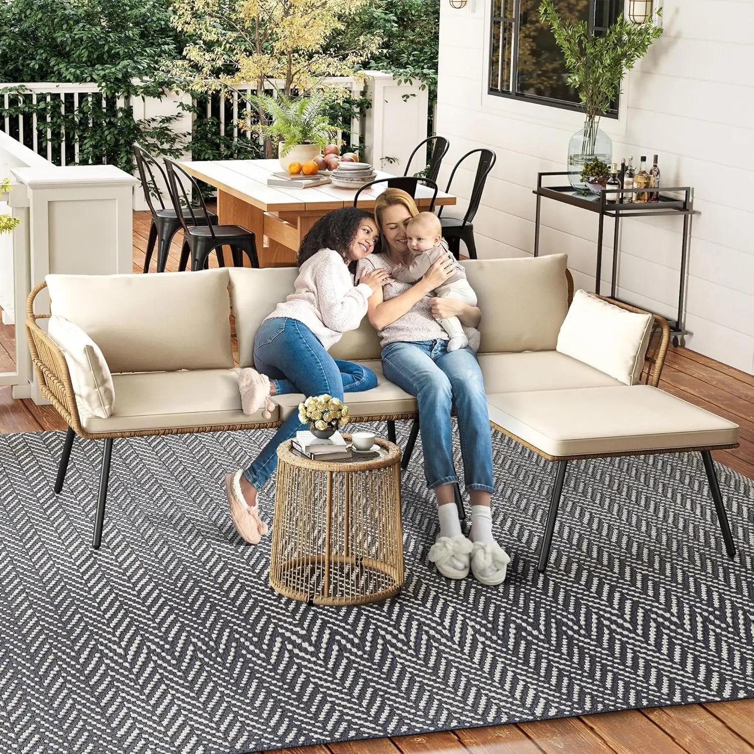 “3-Piece Patio Furniture Set – Wicker L-Shaped Sectional Conversation Sofa with Cushions for Backyard, Porch & Garden”