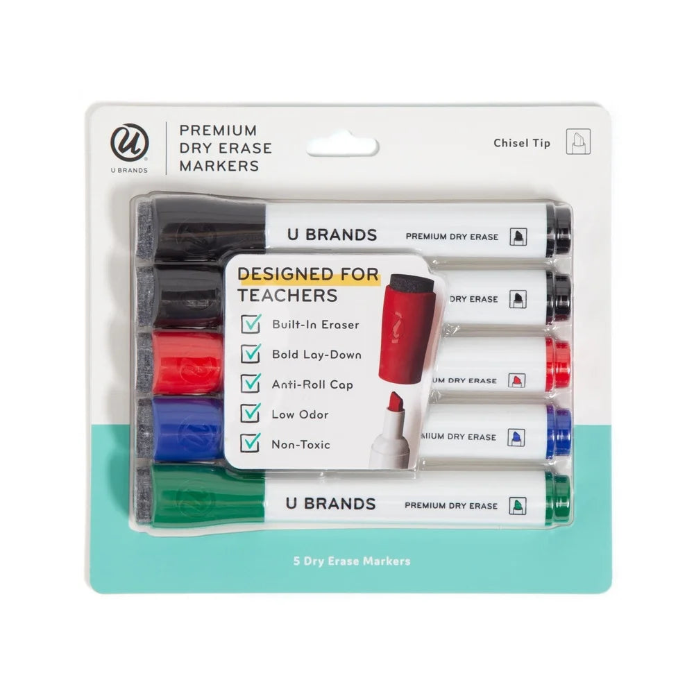 Dry Erase Markers Set of 5 with Built-In Erasers, Low-Odor Chisel Tip for Office & School