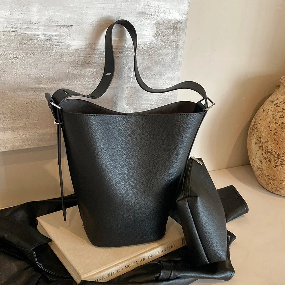 Women’s Vegan Leather Bucket Bag – Adjustable Strap Shoulder & Crossbody Tote