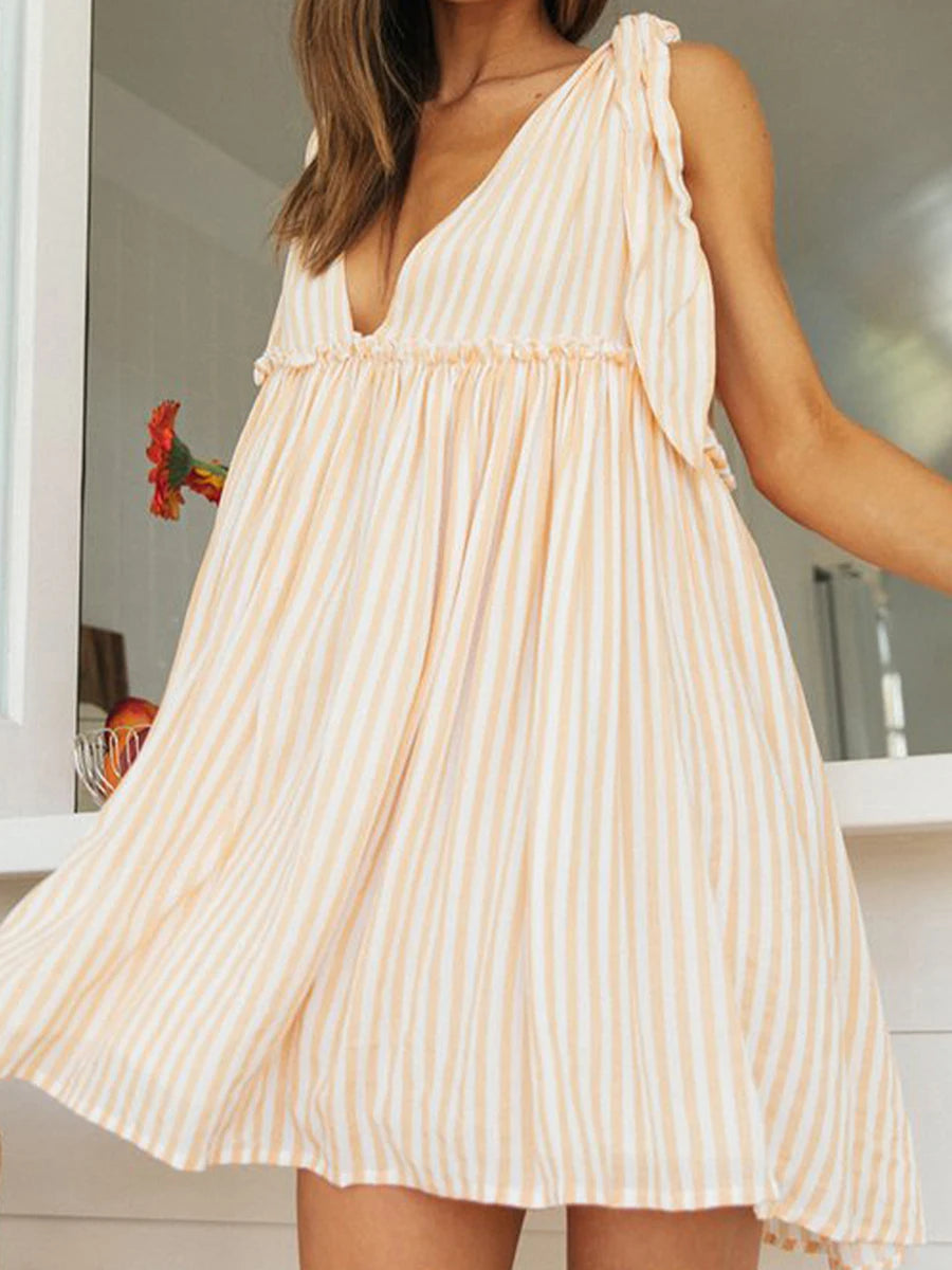 Women’s Maternity Striped Mini Dress – Casual Sleeveless Pregnancy Outfit with V-Neck, Tie Shoulders & Loose Summer Fit