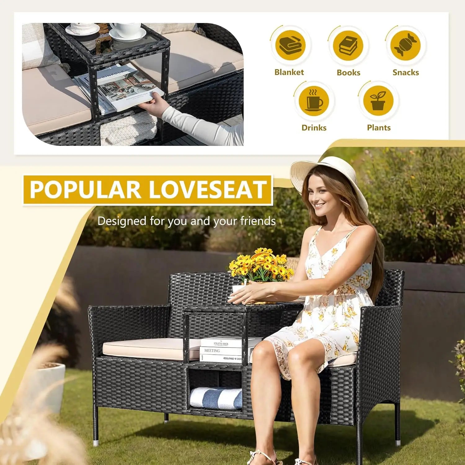 “Outdoor Patio Loveseat – Modern Rattan 2-Seat Conversation Set with Cushions & Built-in Coffee Table for Garden & Porch”