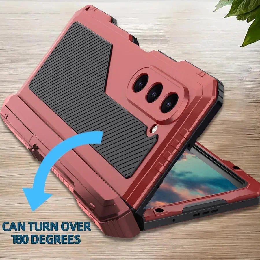 3-Layer Heavy Duty Metal Case for Samsung Galaxy Z Fold 3/4/5/6 – Aluminum & Silicone Shockproof Cover with Stand