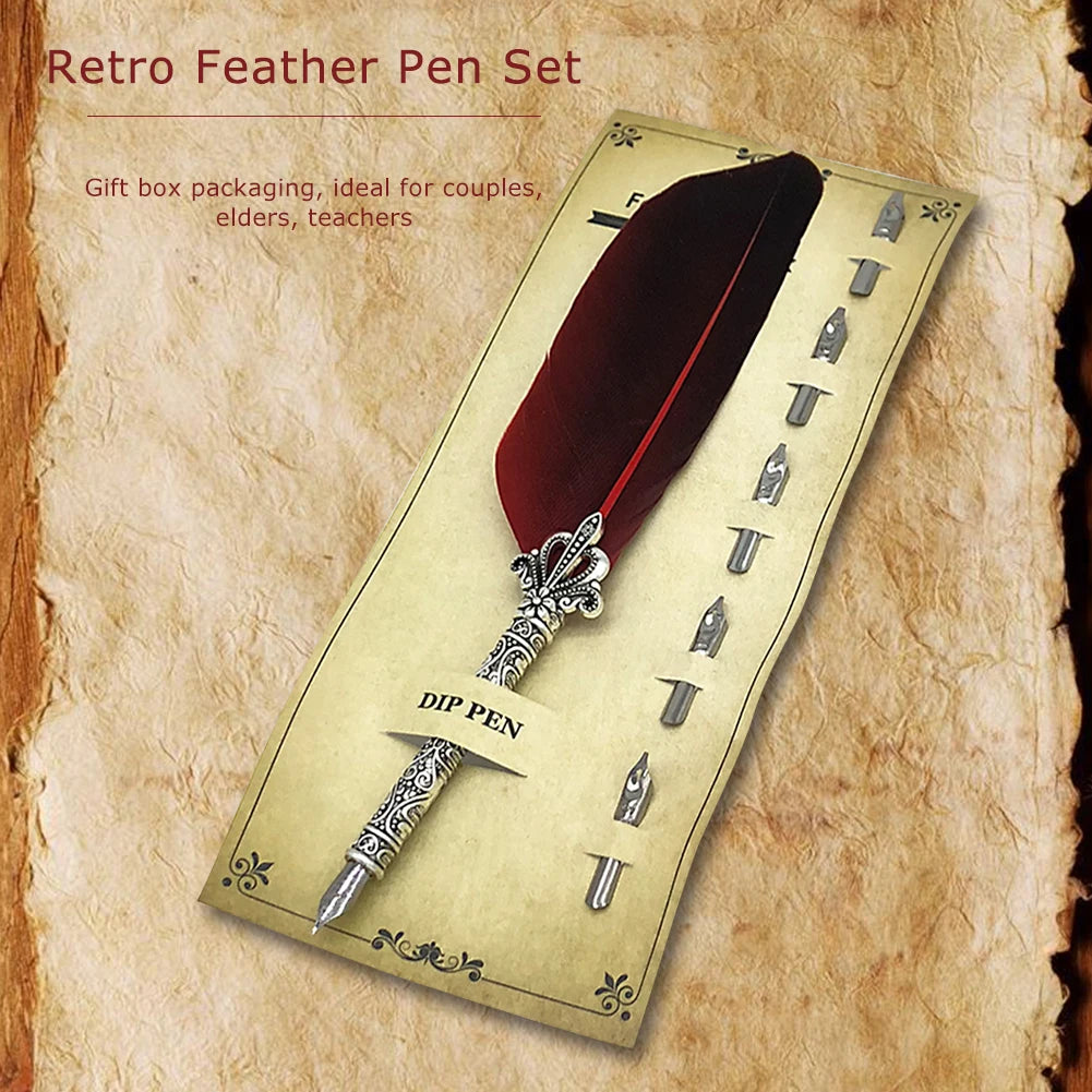Feather Dip Pen Set with 5 Nibs & Ink – Vintage Calligraphy Writing Tool