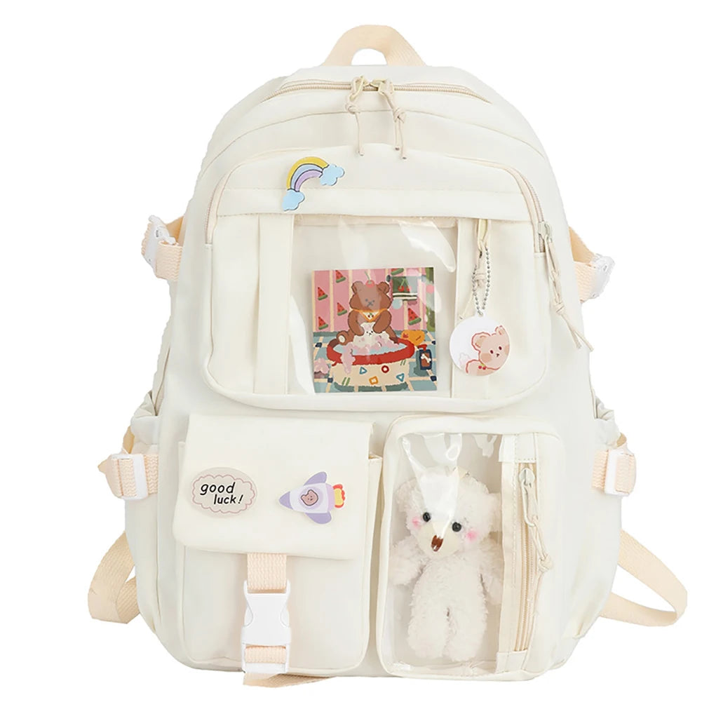 Cute Women’s Large-Capacity Backpack – Preppy Multi-Pocket Nylon Schoolbag | Student Travel Daypack