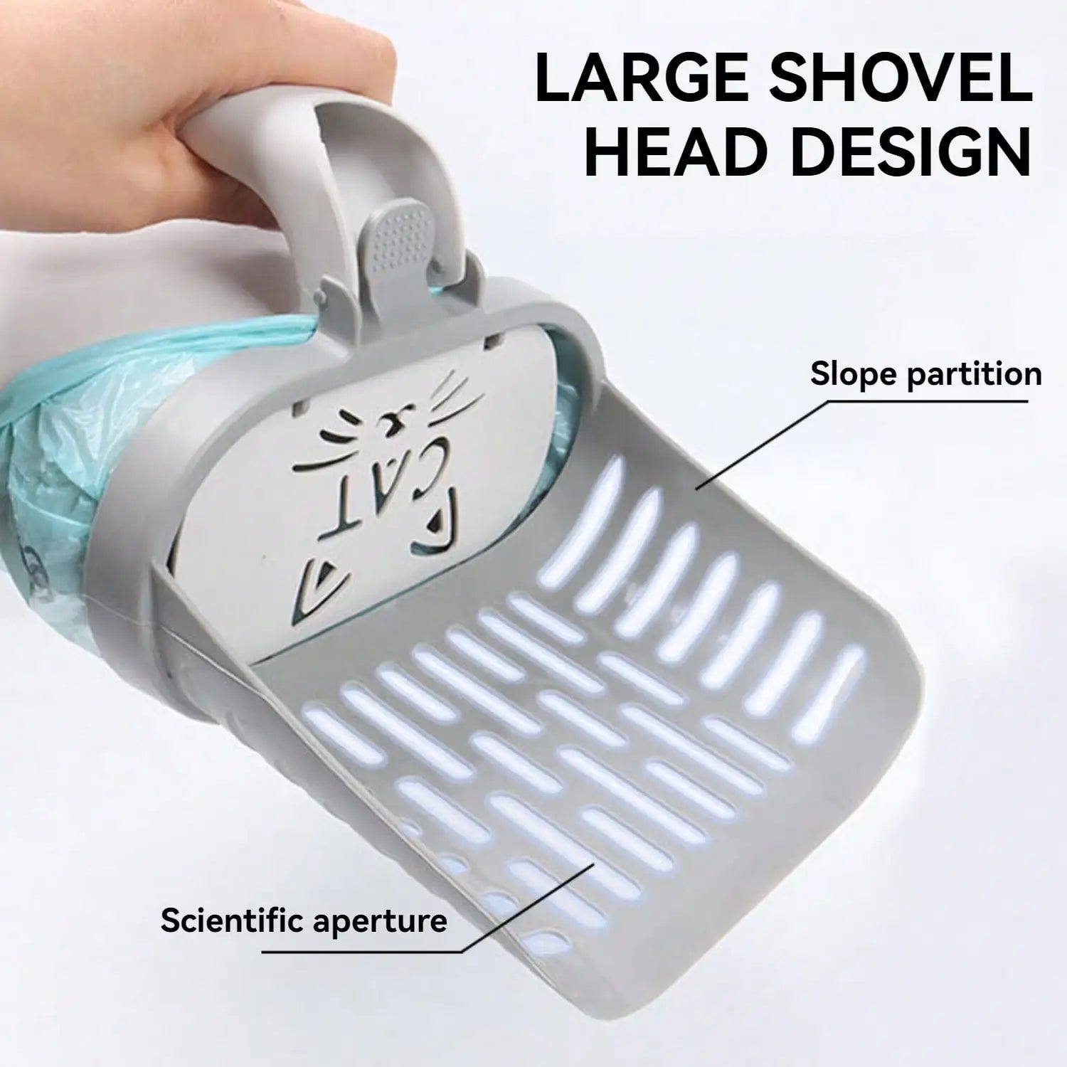 Extra-Large Cat Litter Scoop with Detachable Baffle, Built-In Garbage Bag Storage & Ergonomic Handle