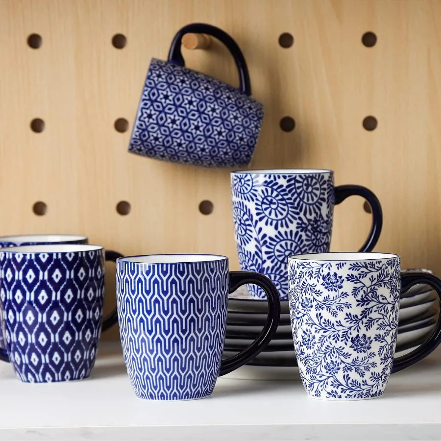 Selamica 16 oz Porcelain Coffee Mugs Set – Pack of 6 Vintage Blue, Dishwasher • Oven • Microwave Safe