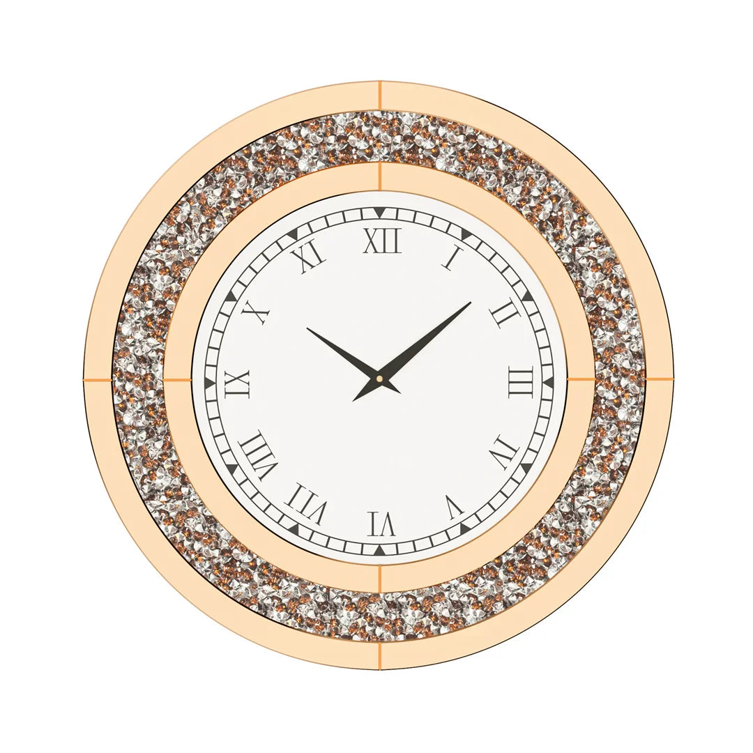 Luvodi Crystal Mirror Wall Clock – Sparkle Bling Diamond Round Wall Clock with Silver & Tawny Crushed Crystal Detailing