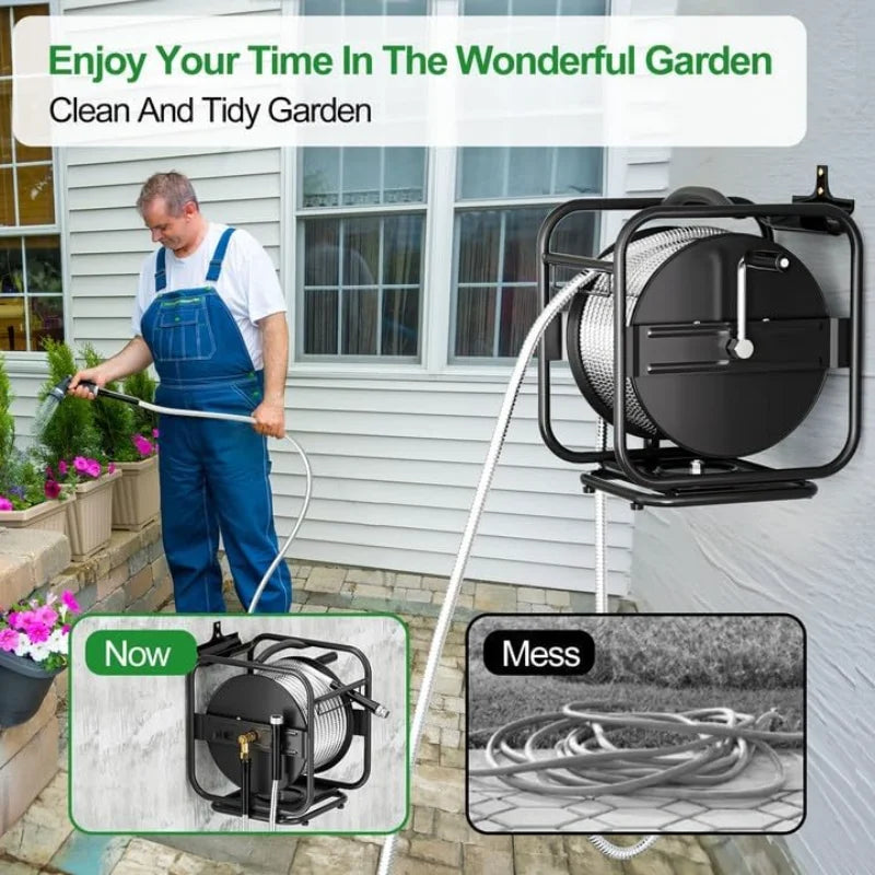 Heavy-Duty Metal Garden Hose Reel with 100FT 304 Stainless Steel Hose – Wall Mount & Floor Hose Spool with Aluminum Nozzle