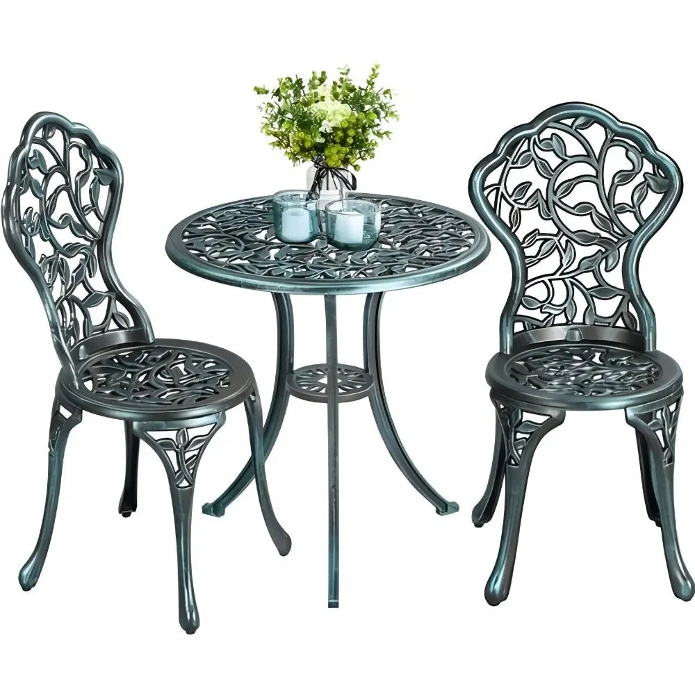 “3-Piece Cast Aluminum Patio Bistro Set – Green Outdoor Garden Table & 2 Chairs for Balcony & Yard”