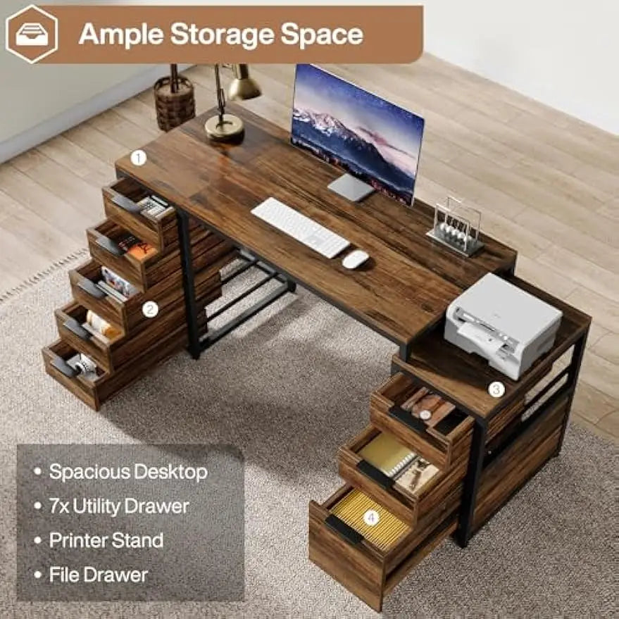 🖥️ Computer Desk with 8 Drawers – Office Desk with Reversible File Cabinet & Storage Writing Table for Home Office