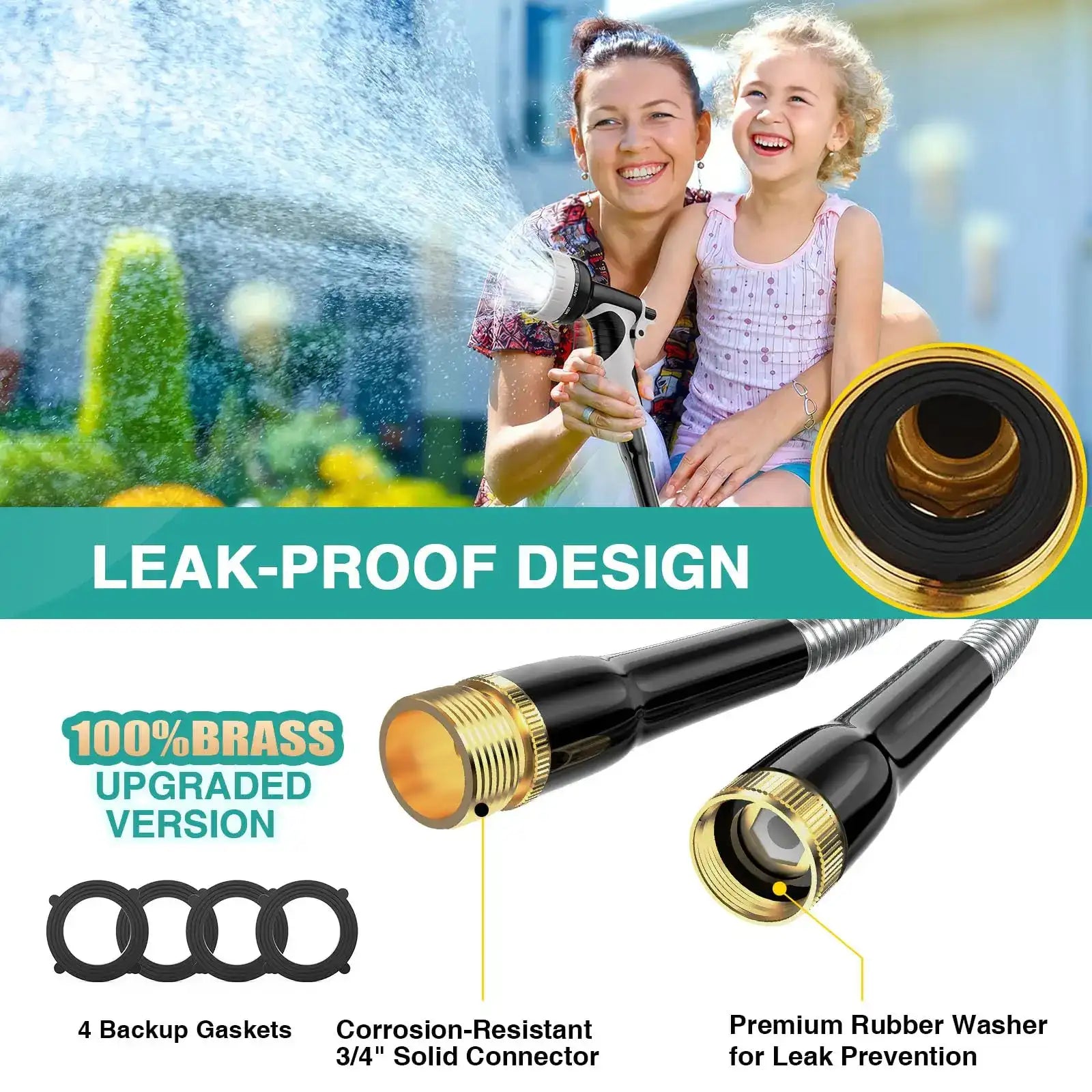 LEFRE Metal Garden Hose 25-100 ft – Leak-Proof Stainless Steel Water Hose with Spray Nozzle & ¾-in Fittings