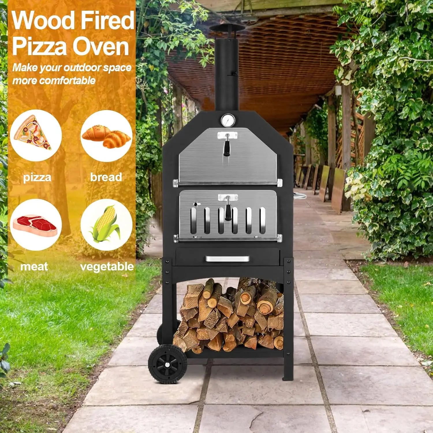 “Outdoor Wood-Fired Pizza Oven – Portable Patio Pizza Maker with Cooking Grill, Wheels & Waterproof Cover for Backyard & Camping”