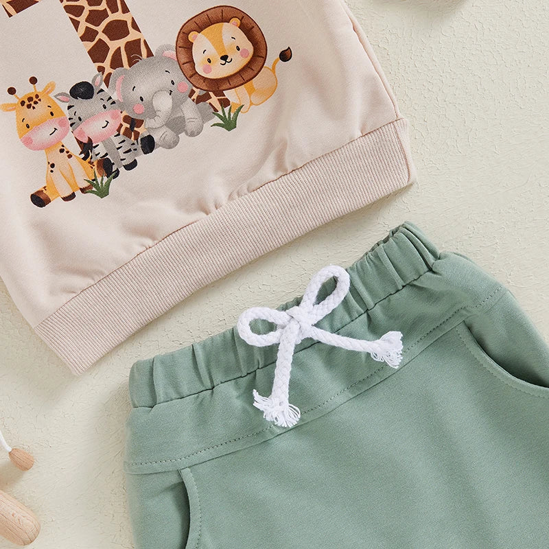 Baby Boy First Birthday Outfit – Animal Print Long Sleeve Sweatshirt & Elastic Waist Pants Set for Fall Celebrations