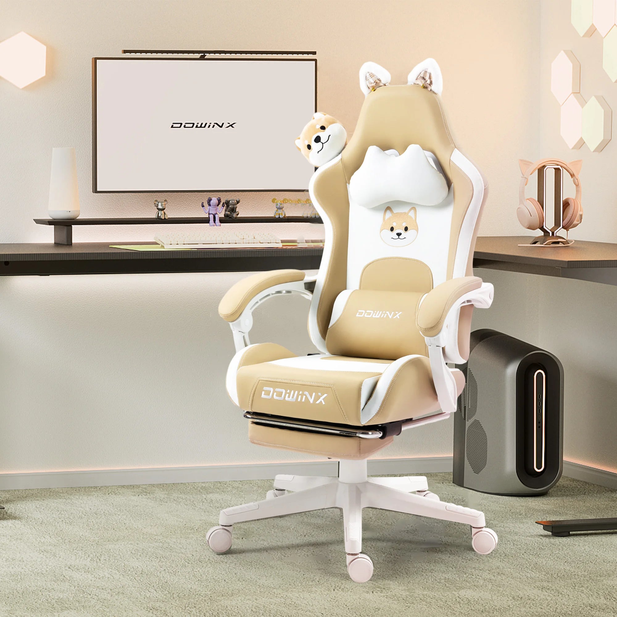Dowinx Cute Gaming Chair with Cat Ears – Ergonomic Computer Chair with Massage Lumbar Pillow, Footrest & Headrest for Girls & Teens