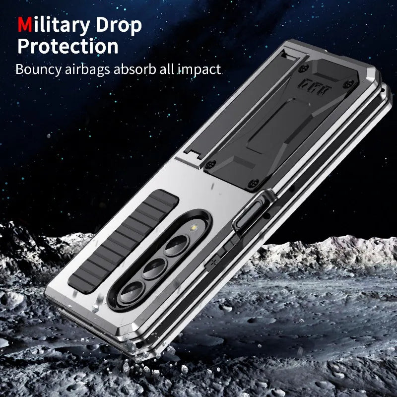 Heavy Duty Armor Metal Aluminum Case – Shockproof Military Stand Cover with Screen Protector for Samsung Z Fold 4