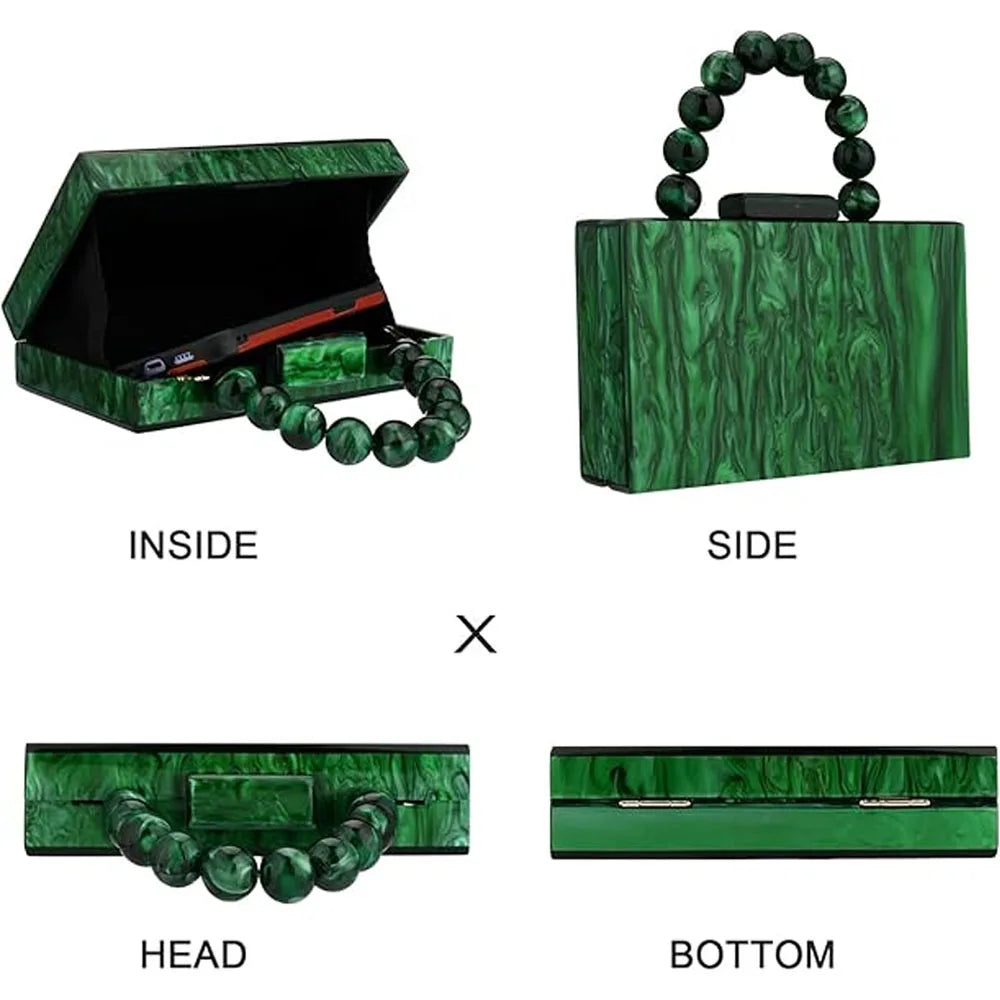 Women’s Pearl Marble Acrylic Evening Bag – Luxury Dark Green Crossbody Purse with Flap Closure for Weddings & Parties