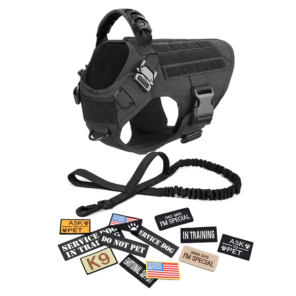 Military Tactical Large Dog Harness Set – Training Vest with Collar, Leash, Bags & Patches for Malinois & Large Breeds