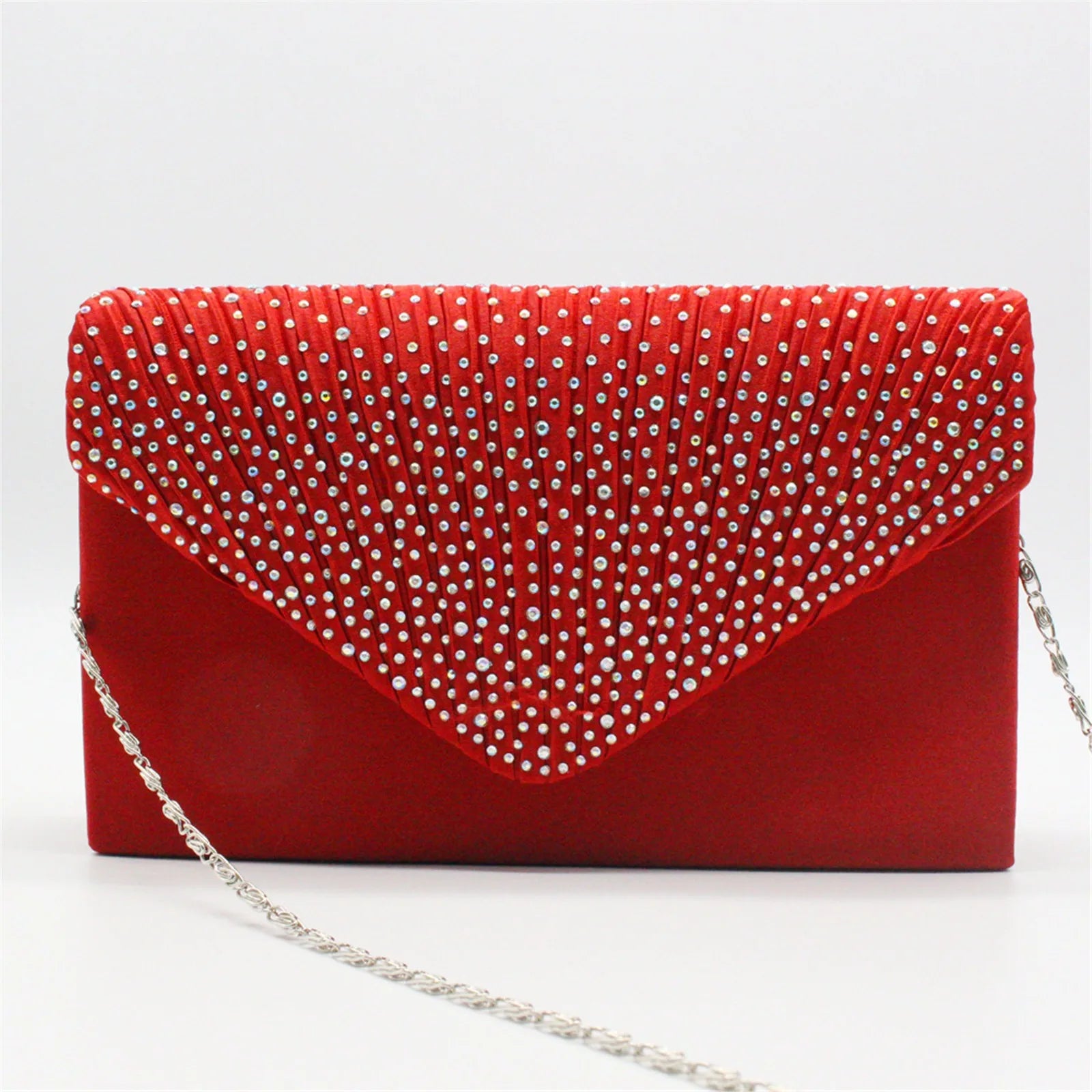 Women’s Satin Rhinestone Clutch – Elegant Evening Shoulder Bag with Thin Chain for Parties, Banquets & Weddings
