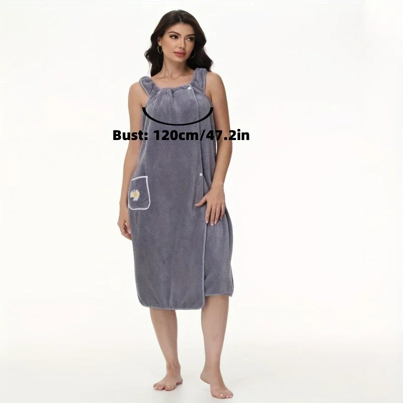 Luxurious Daisy Pattern Bath Towel Robe – Super Soft Wearable Absorbent Wrap with Pocket | Elegant Non-Shedding Bathroom Towel