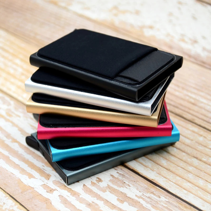 Slim Aluminum RFID Wallet – Automatic Pop-Up Credit Card Holder with Elastic Back Pouch 💳⚡